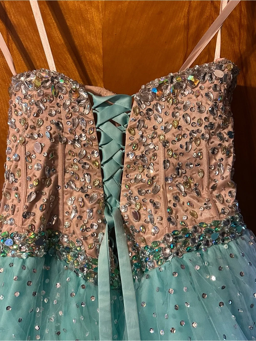 Mori Lee turquoise  Champagne Beaded corset Cinderella Tulle Ball Gown size 18
